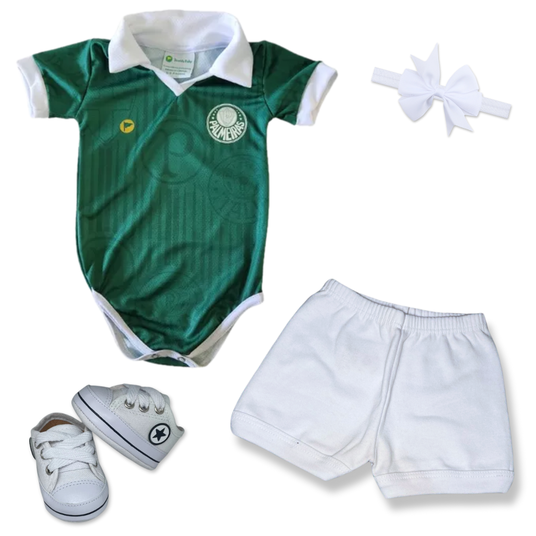 Kit Luxo Body Verde Proteção UV Palmeiras Com Tênis, Shorts/Calça e Laço