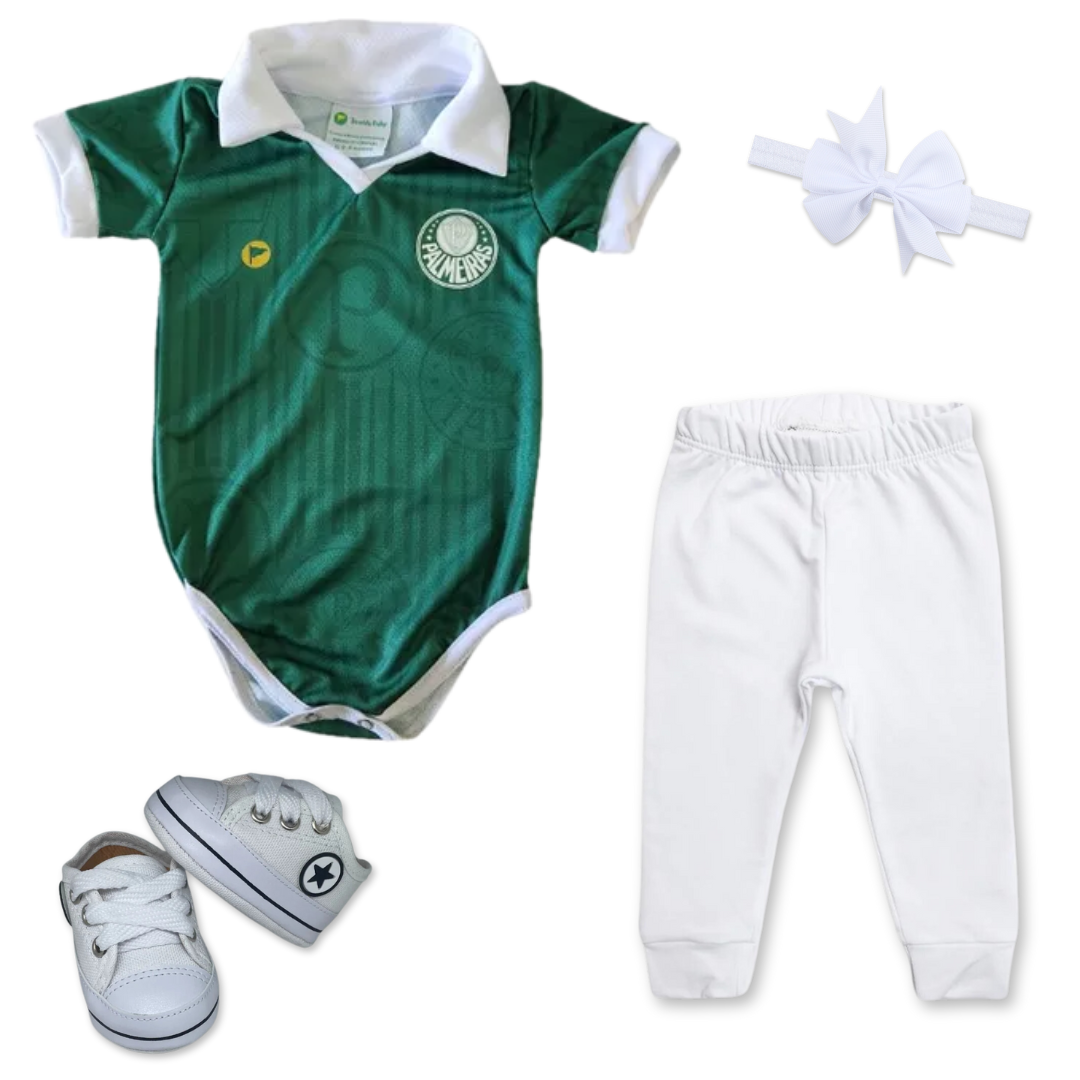 Kit Luxo Body Verde Proteção UV Palmeiras Com Tênis, Shorts/Calça e Laço
