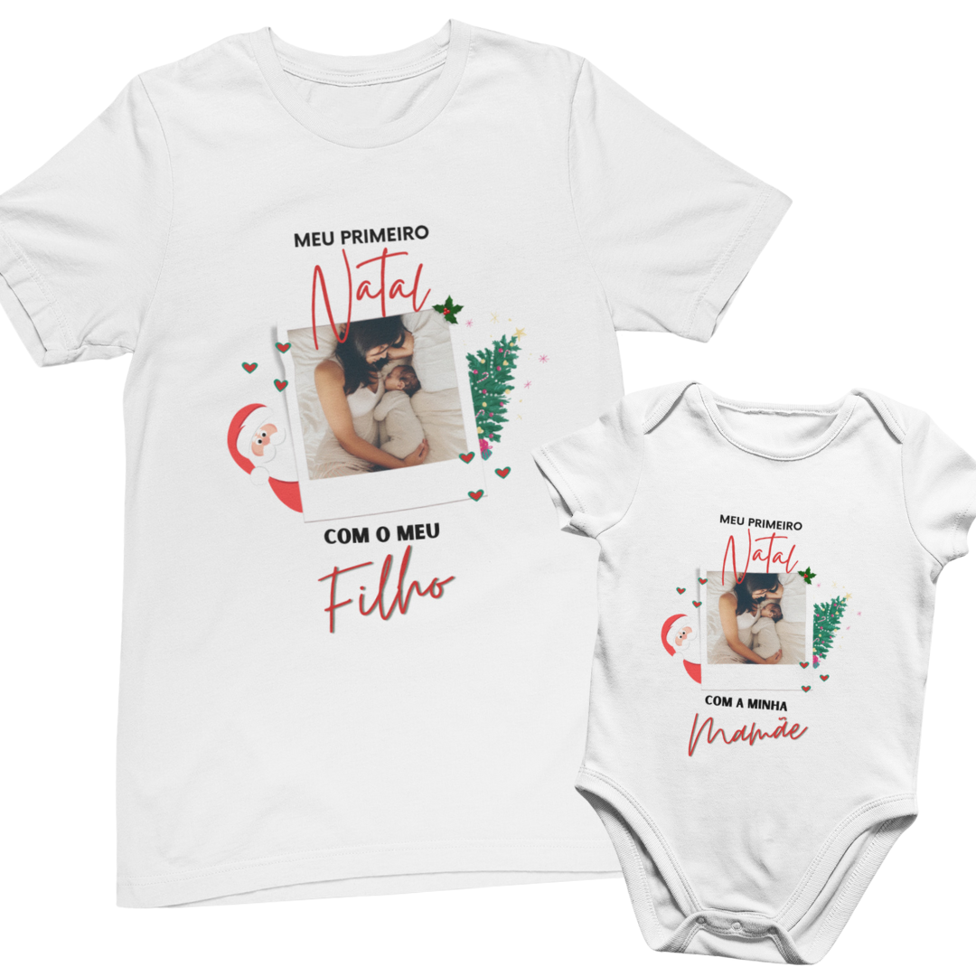 Conjunto Camiseta e Body de Bebê - Primeiro Natal com a Mamãe