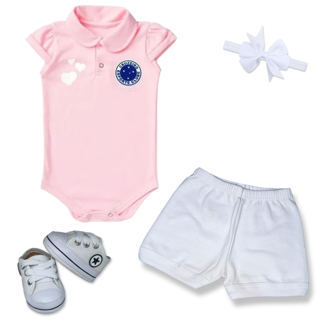 Kit Luxo Body Rosa Cruzeiro Com Tênis, Shorts/Calça e Laço