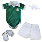Kit Luxo Body Verde Proteção UV Palmeiras Com Tênis, Shorts/Calça e Laço