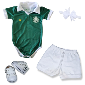 Kit Luxo Body Verde Proteção UV Palmeiras Com Tênis, Shorts/Calça e Laço