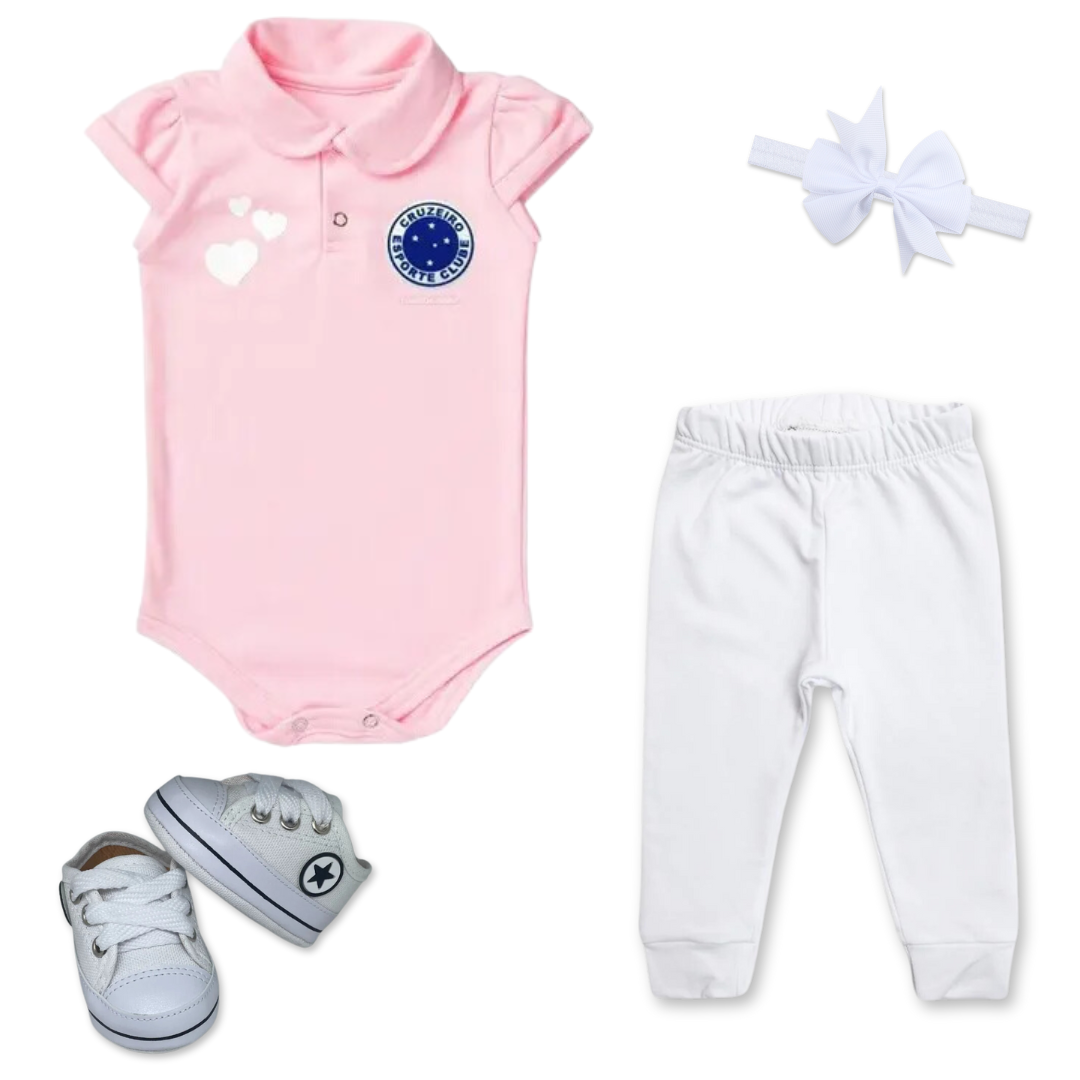 Kit Luxo Body Rosa Cruzeiro Com Tênis, Shorts/Calça e Laço
