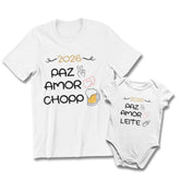 Conjunto Camiseta e Body de Bebê - Paz, Amor e Chopp/ Leite