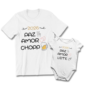 Conjunto Camiseta e Body de Bebê - Paz, Amor e Chopp/ Leite
