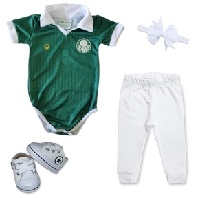 Kit Luxo Body Verde Proteção UV Palmeiras Com Tênis, Shorts/Calça e Laço